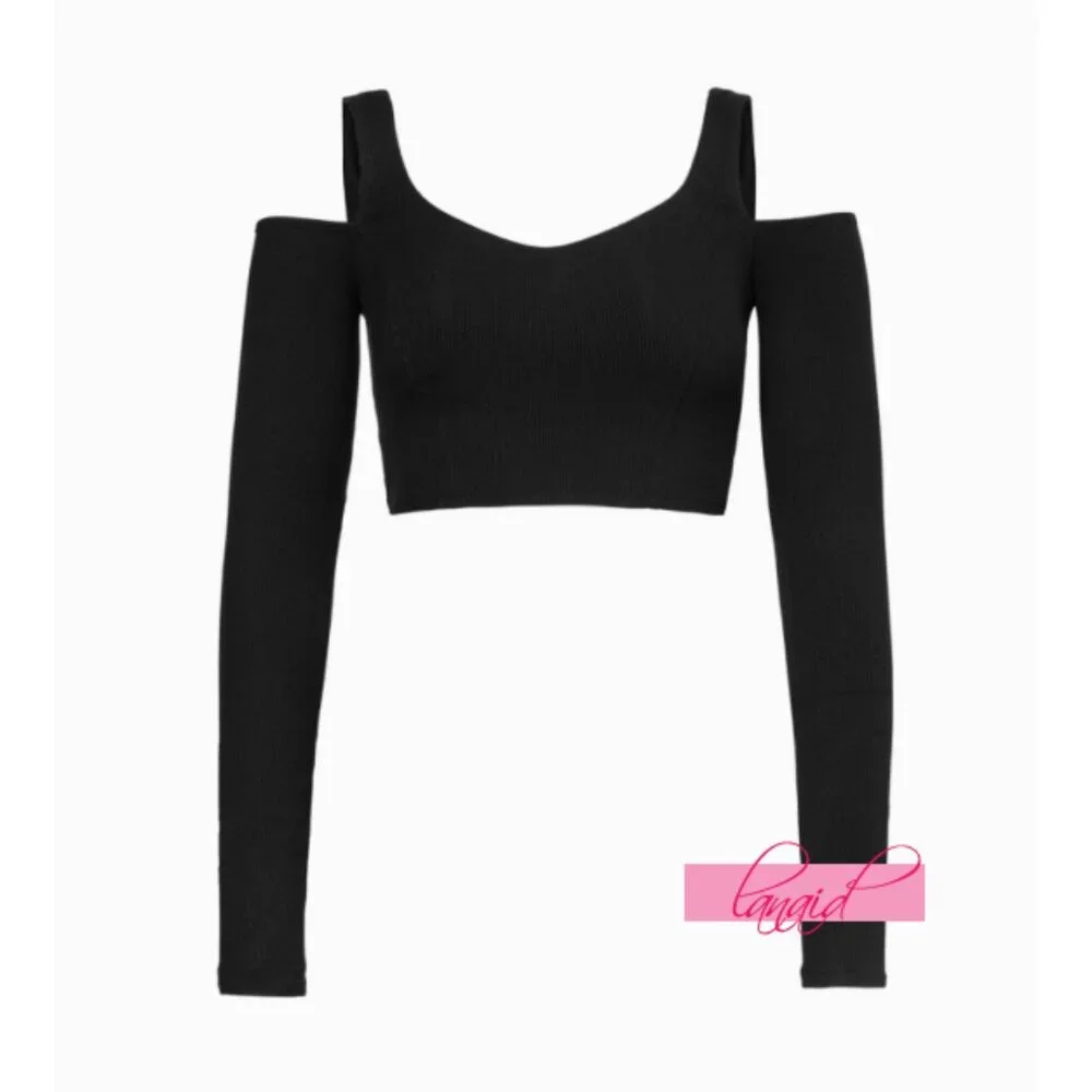 Alo Ribbed Cropped Butterfly Long Sleeve Black Open Cold Shoulder Cut-Out Cutout